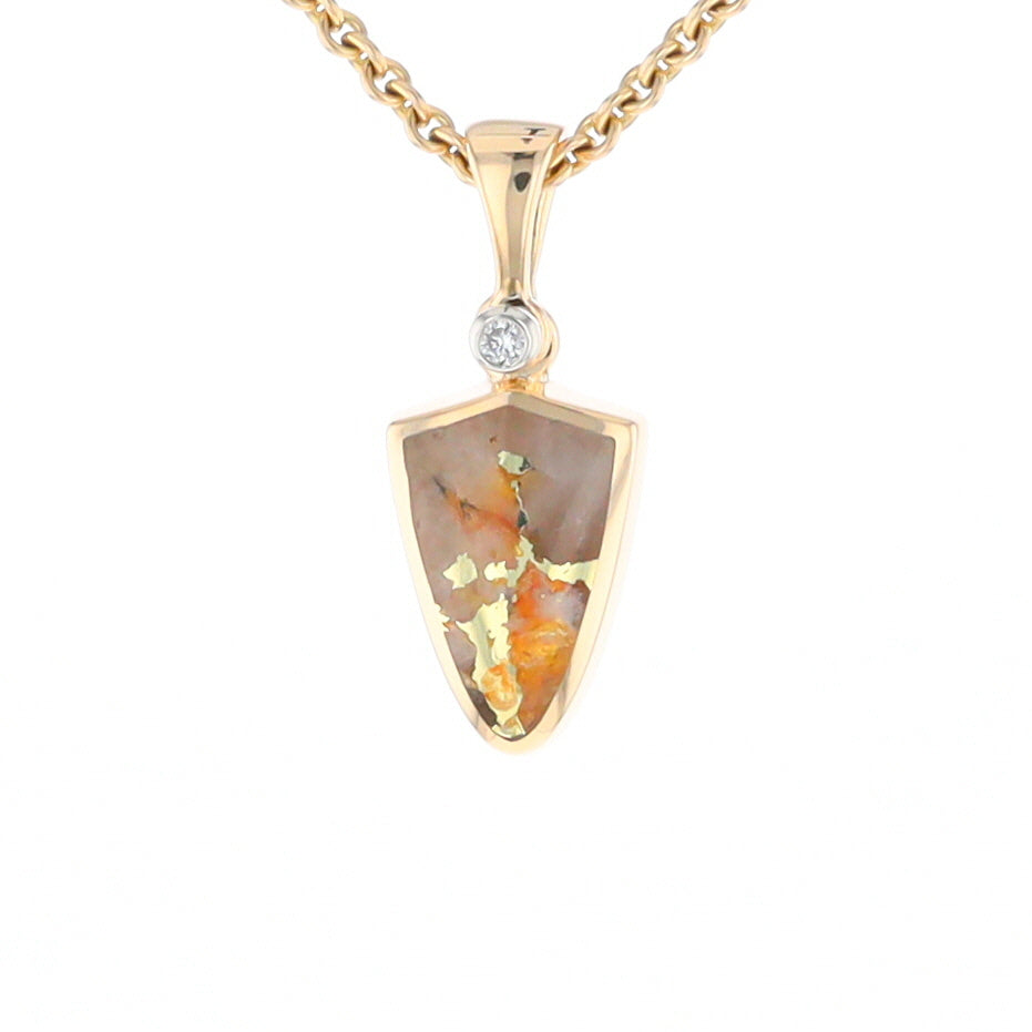 Gold Quartz Necklace Shield Shape Inlaid Pendant with .02ct Diamond