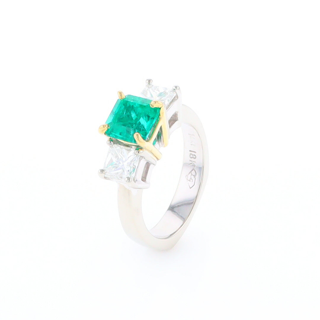 Three-Stone-Row Emerald and Diamond Ring