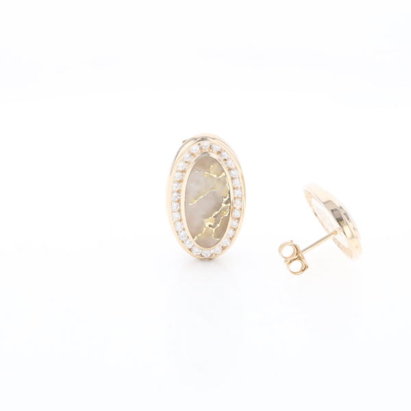 Gold Quartz Earrings Oval Inlaid Design .73ctw Round Diamonds Halo G2