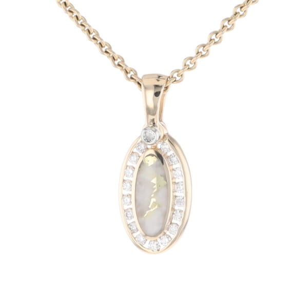 Gold Quartz Pendant Oval Inlaid with .22ctw Round Diamonds Halo (G1)
