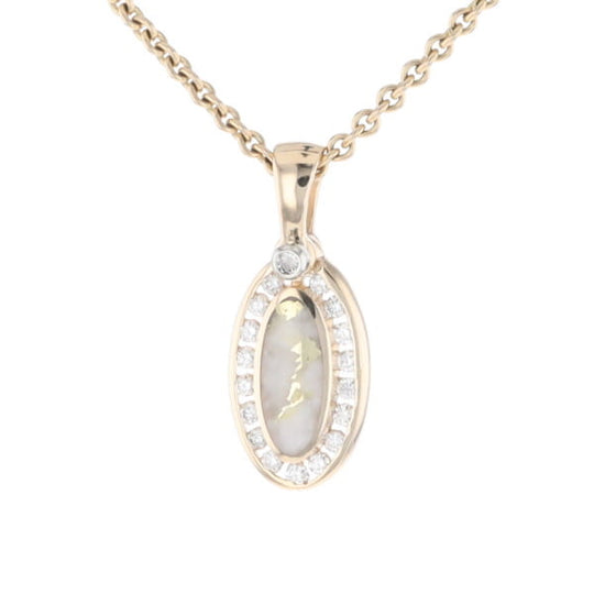 Gold Quartz Pendant Oval Inlaid with .22ctw Round Diamonds Halo (G1)