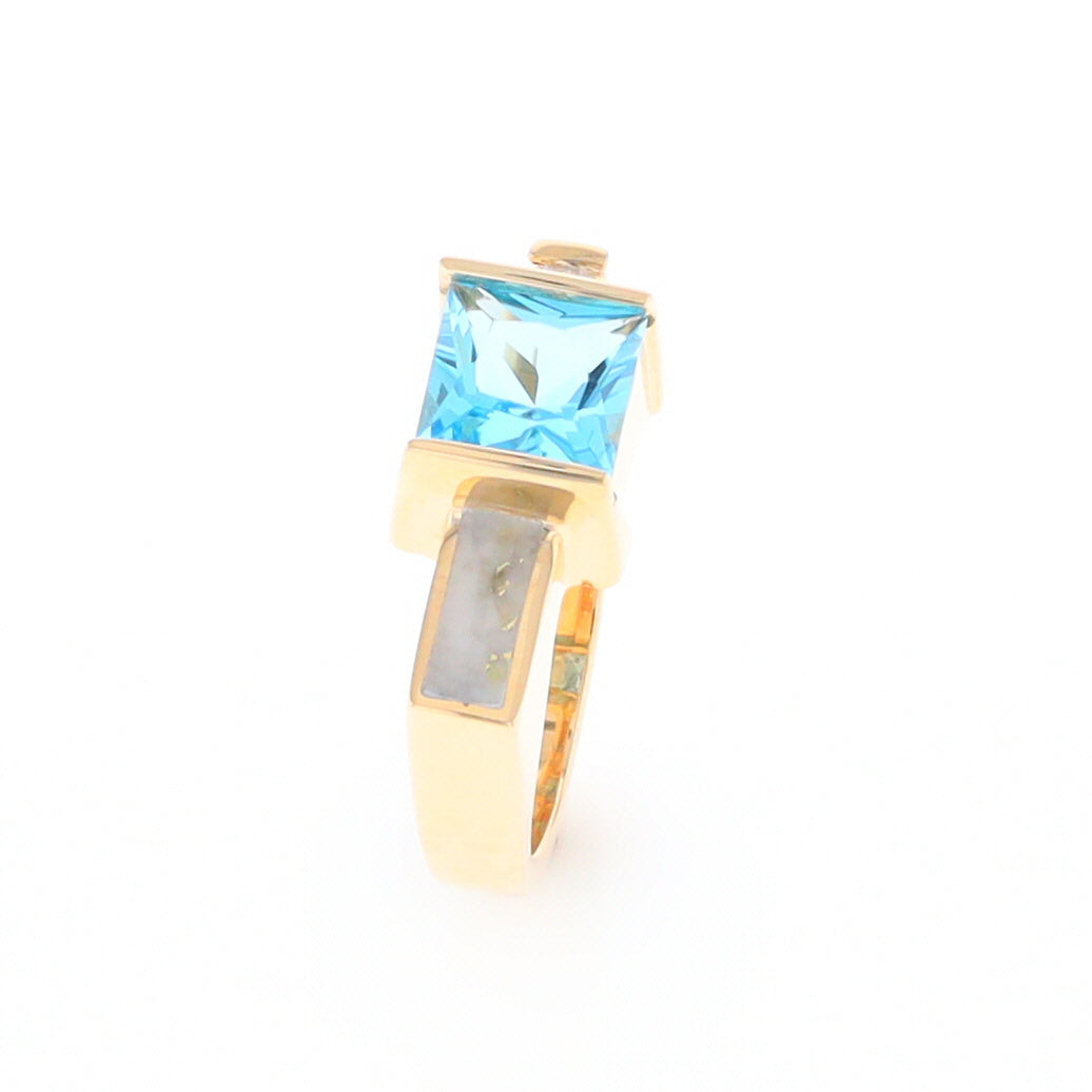 Gold Quartz Ring Rectangle Inlay Swiss Blue Topaz .06ct Round Diamond