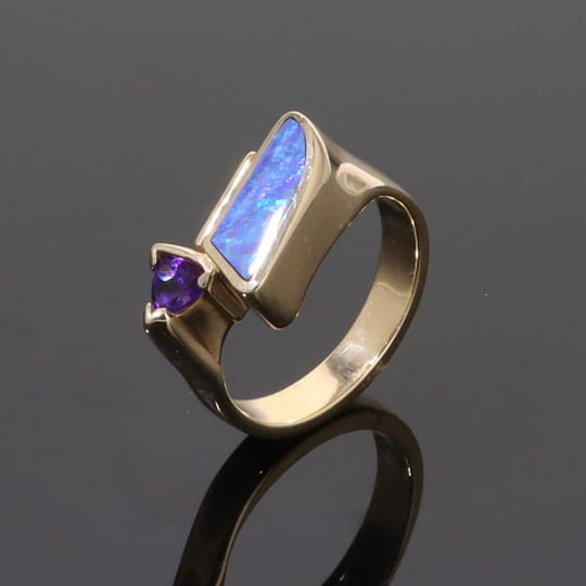 Opal Rings Geometric Inlaid with Amethyst and .08ctw Diamonds
