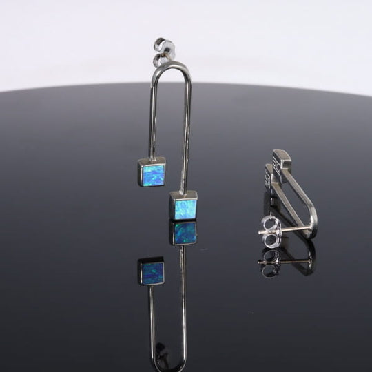 Opal Earrings Curved Bar Double Square Inlaid Ends Design Studs