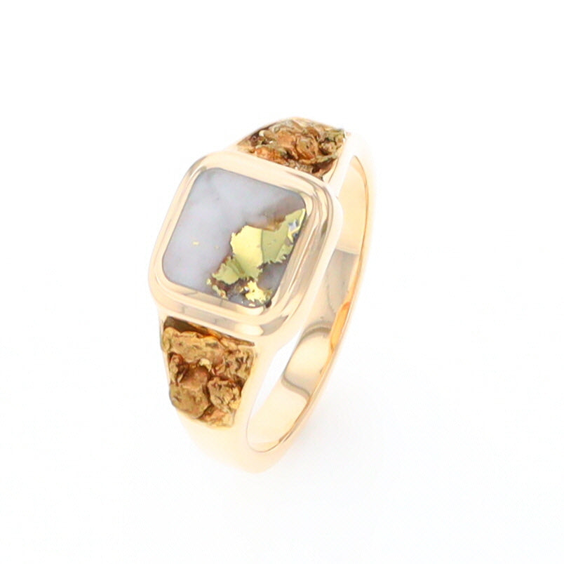 Gold Quartz Ring Square Inlaid Design Double Natural Nugget Sides