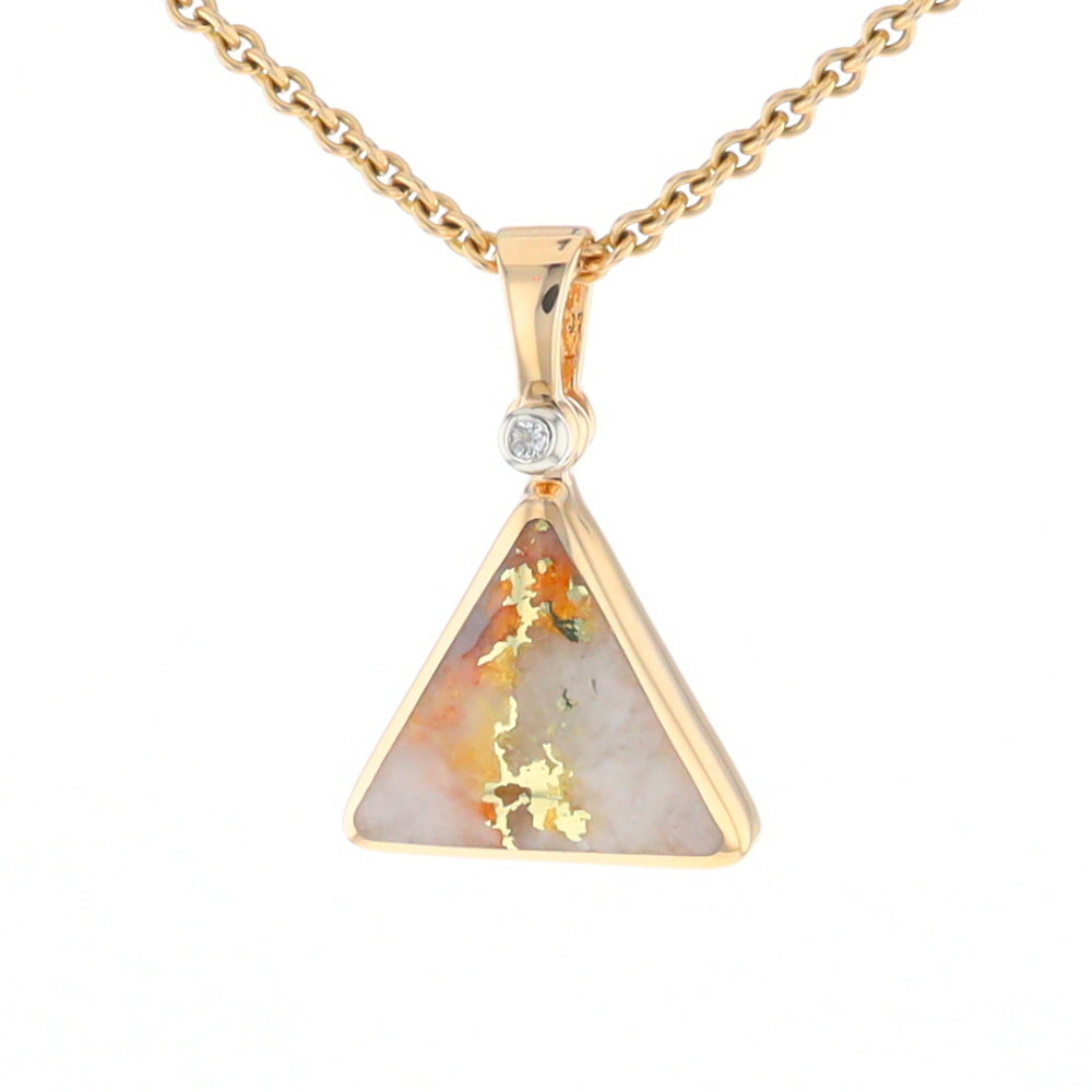 Gold Quartz Necklace Triangle Inlaid Pendant with .02ct Diamond