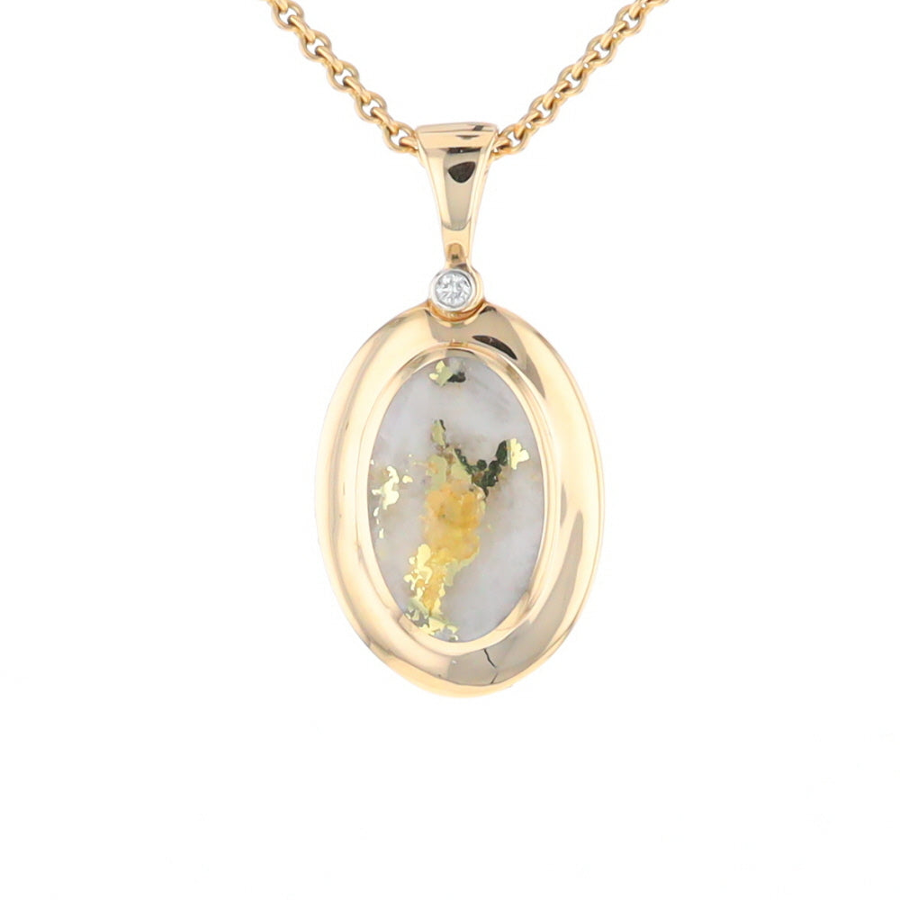 Gold Quartz Necklace Oval Inlaid Pendant with a .02ct Diamond