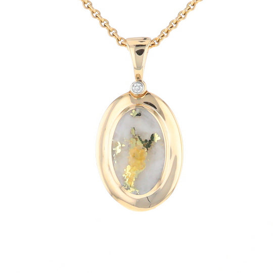 Gold Quartz Necklace Oval Inlaid Pendant with a .02ct Diamond