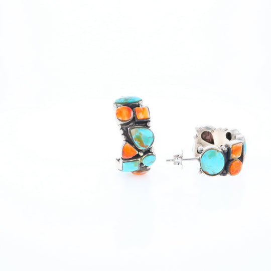 Turquoise & Spiny Oyster Semi-Hoop Stud Earrings