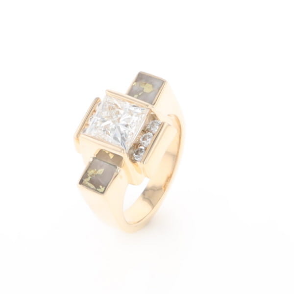 Princess Cut Diamond Gold Quartz 2-Square Inlaid Ring
