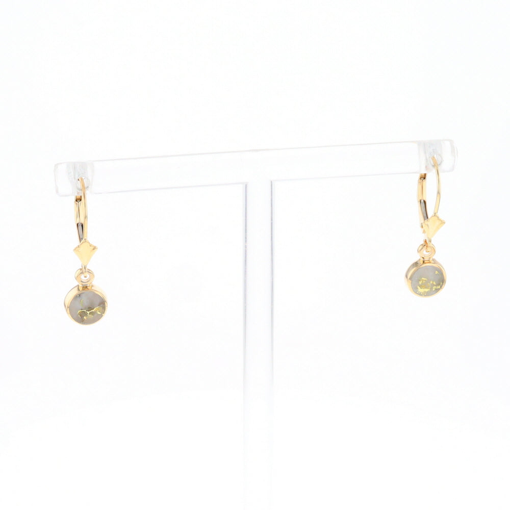 Gold Quartz Earrings Round Inlaid Design Lever Backs