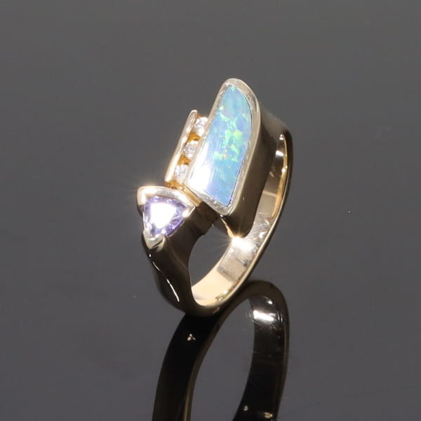 Opal Rings Geometric Inlaid with Tanzanite and .08ctw Round Diamonds