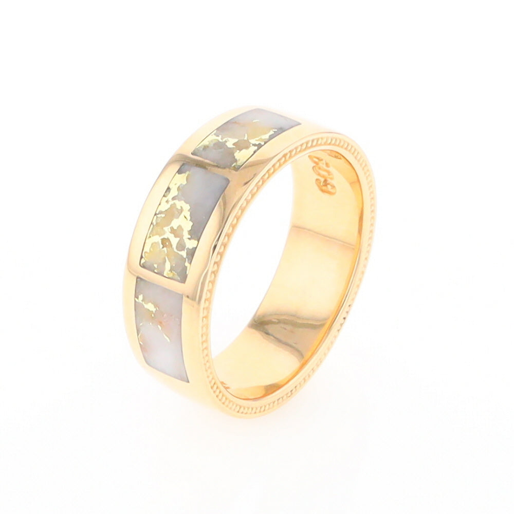 Gold Quartz Ring 3 Section Rectangle Inlaid Band with Milgrain Design