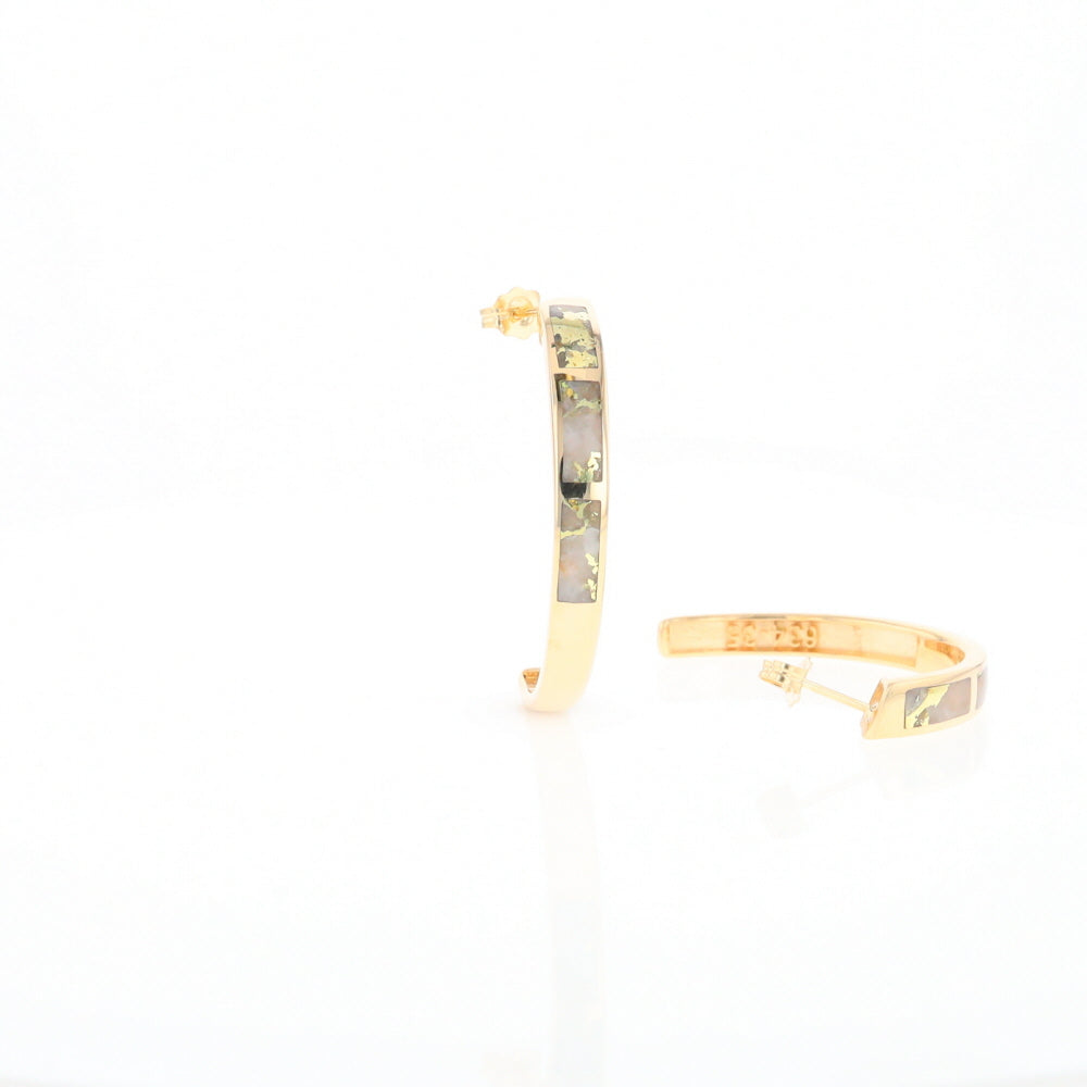 Gold Quartz Hoop Earrings 3 Section Inlaid Design G2