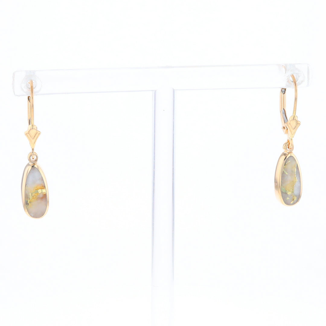 Gold Quartz Earrings Tear Drop Inlaid Lever Backs