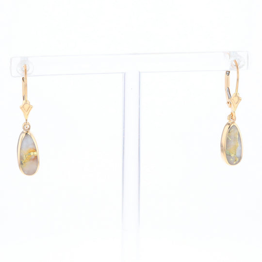 Gold Quartz Earrings Tear Drop Inlaid Lever Backs