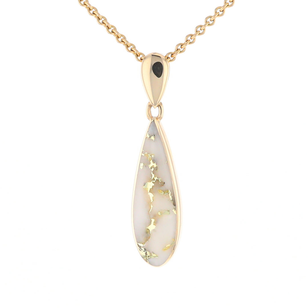 Gold Quartz Pendant Tear Drop Inlaid Design G2