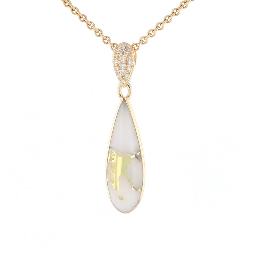 Gold Quartz Necklace, Tear Drop Inlaid Design with 0.11ctw Diamond Pave Pendant G2