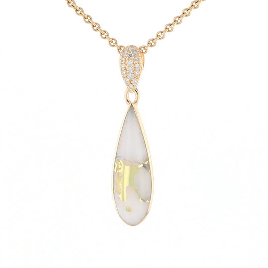 Gold Quartz Necklace, Tear Drop Inlaid Design with 0.11ctw Diamond Pave Pendant G2