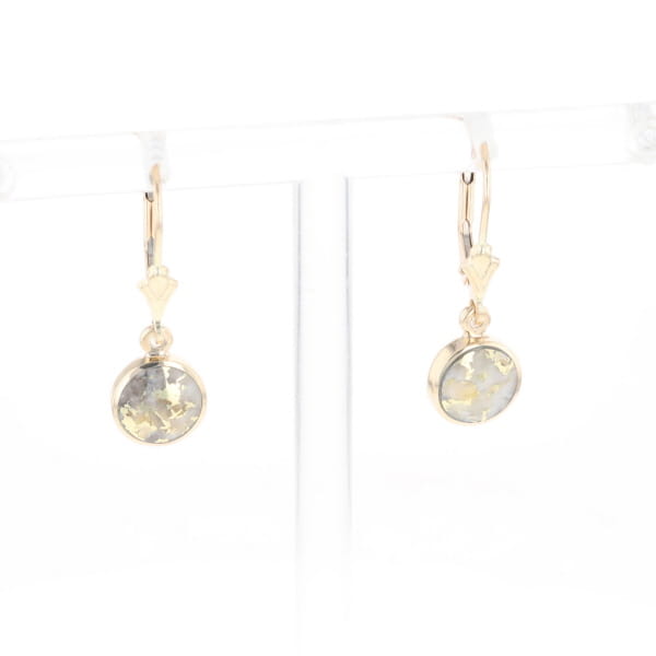Gold Quartz Earrings Round Inlaid Design Lever Backs