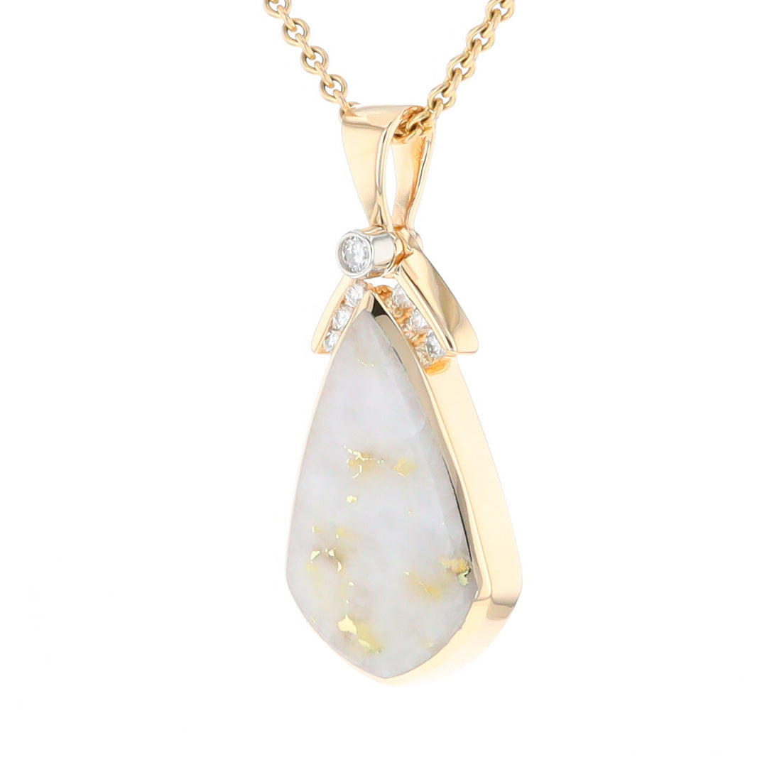 Gold Quartz Necklace Pear Shape Inlaid Pendant with .15ctw Diamonds