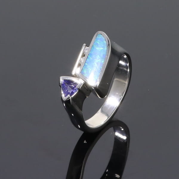 Opal Rings Geometric Inlaid Design with Tanzanite and .08ctw Diamonds