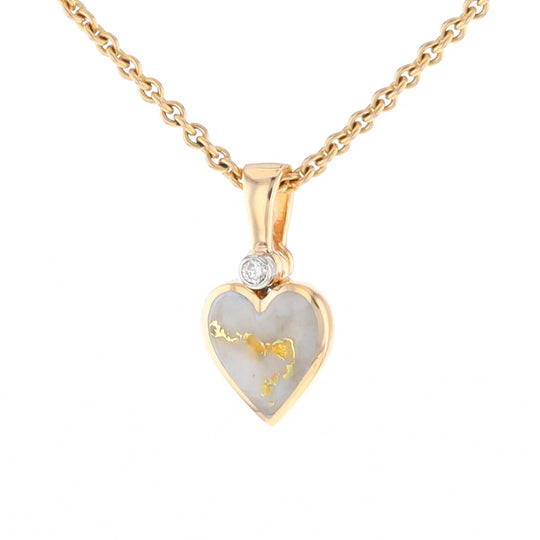 Gold Quartz Necklace Heart Inlaid Design Pendant with .02ct Diamond