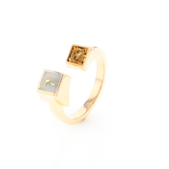 Gold Quartz Ring Natural Nuggets Inlaid Wrap Double Square Design