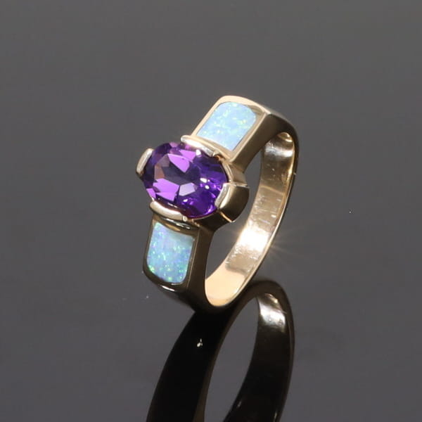 Opal Rings 2 Section Inlaid Design with Oval Amethyst Center