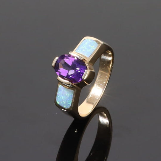 Opal Rings 2 Section Inlaid Design with Oval Amethyst Center