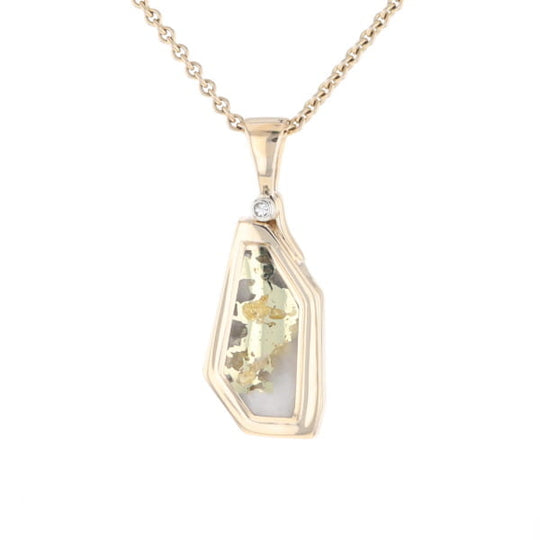Gold Quartz Necklace .02ct Diamond Geometric Inlaid Design Pendant