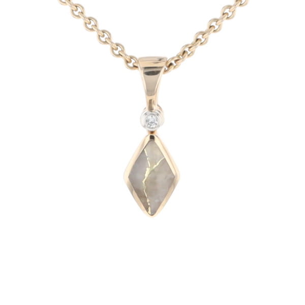 Gold Quartz Necklace Diamond Shape Inlaid Pendant with .02ct Diamond