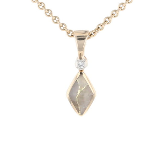 Gold Quartz Necklace Diamond Shape Inlaid Pendant with .02ct Diamond