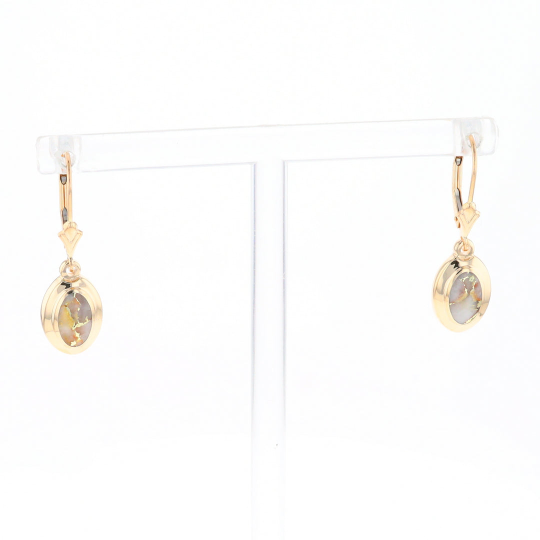 Gold Quartz Earrings Oval Inlaid Design Lever Backs - G2