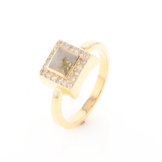 Gold Quartz Ring Square Inlaid Halo .14ctw Diamonds Design