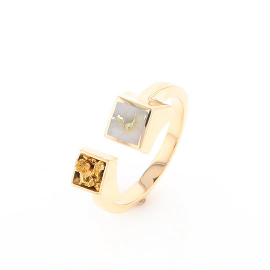 Gold Quartz Ring Natural Nuggets Inlaid Wrap Double Square Design