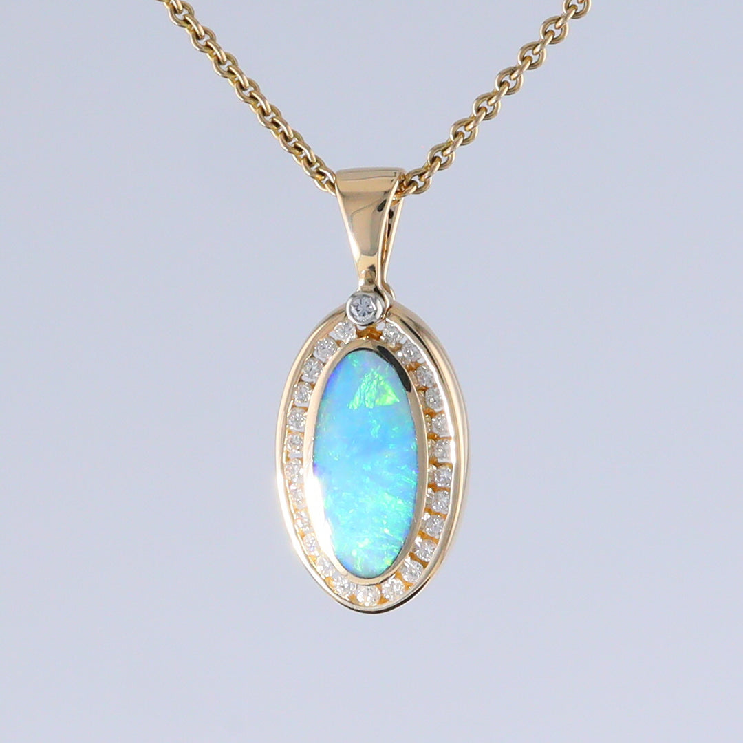 Opal Pendant Oval Inlaid Design with .37ctw Round Diamonds Halo