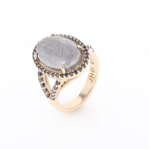 Meteorite Ring Oval Cabochon 0.65ctw Round Black Diamonds Halo