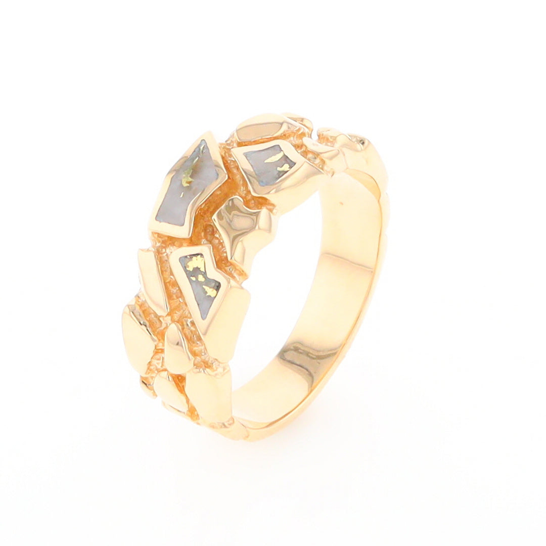 Gold Quartz Ring 3 Section Inlaid Nugget Design Band