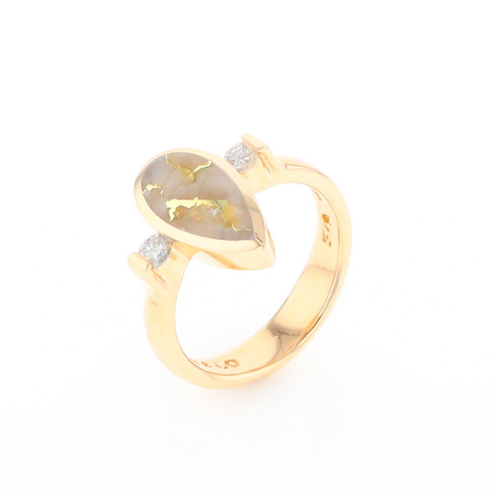 Gold Quartz Ring Pear Shape Inlaid with .18ctw Round Diamonds