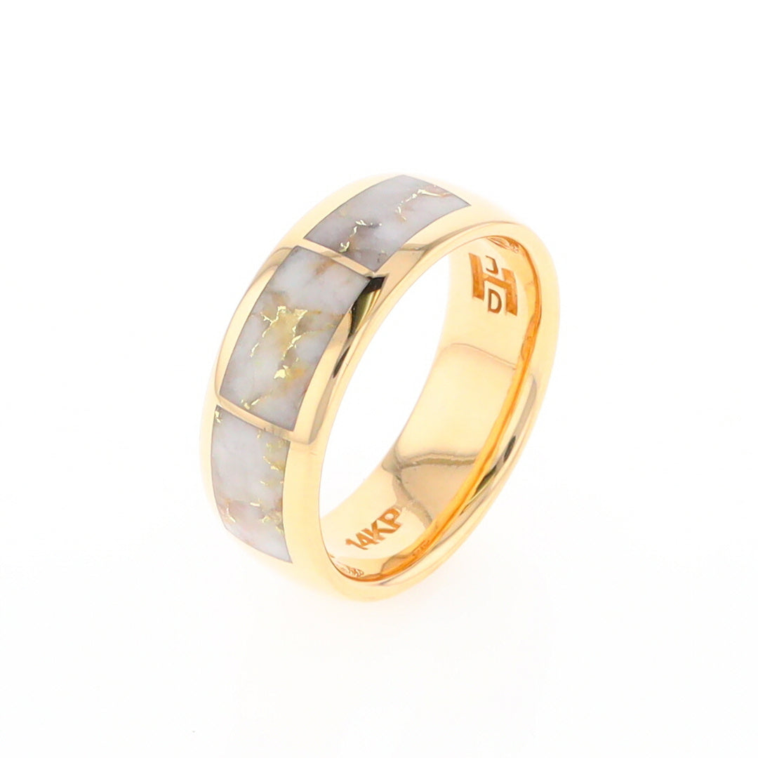 Gold Quartz Ring 3 Section Rectangle Inlaid Design Band