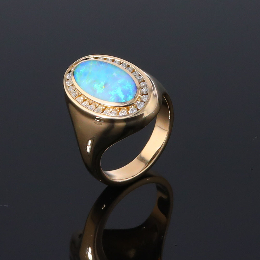 Opal Rings Oval Inlaid Design with .36ctw Round Diamonds Halo