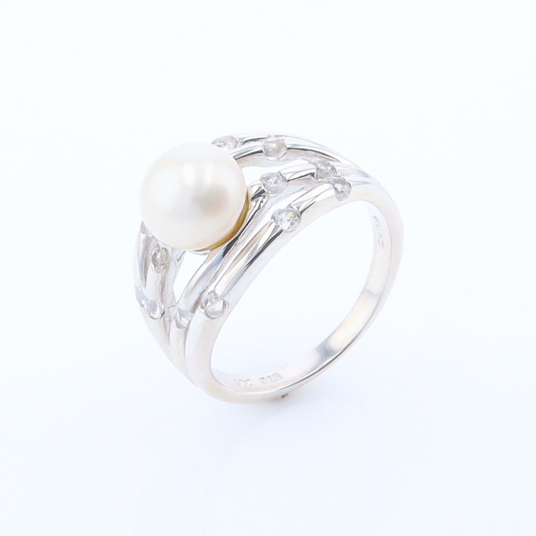 Pearl Bamboo Ring with Cubic Zirconia Accents