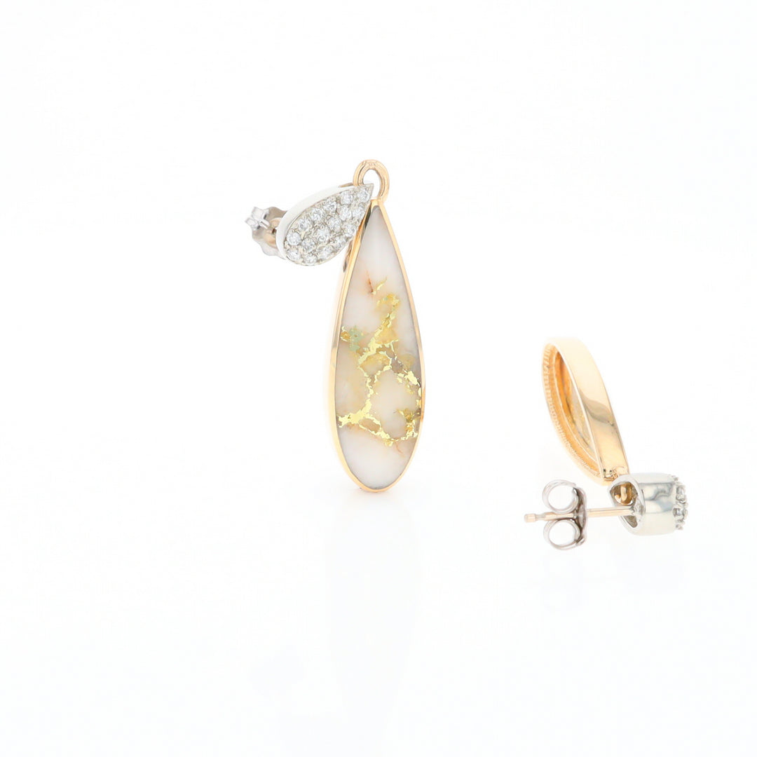 Gold Quartz Earrings, Tear Drop Inlaid with .22ctw Diamond Pave Design