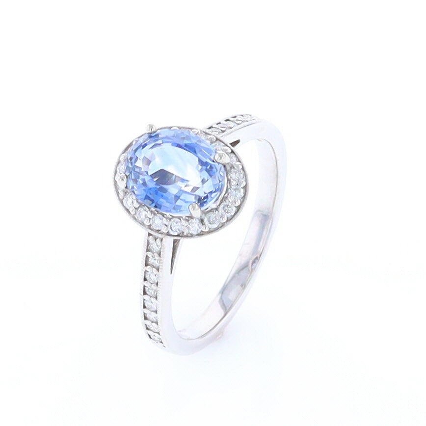 Oval Ceylon Sapphire with Diamond Halo Ring