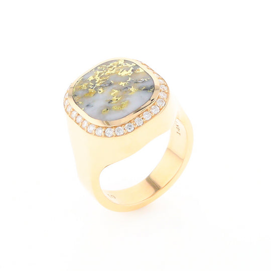 Gold Quartz Cushion Inlaid Men's Ring with Diamond Halo