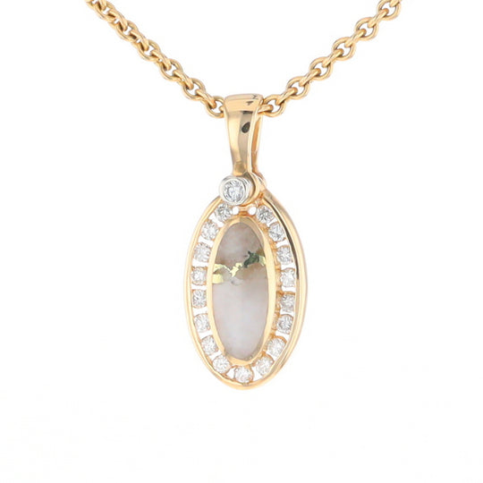 Gold Quartz Pendant Oval Inlaid with .22ctw Round Diamonds Halo