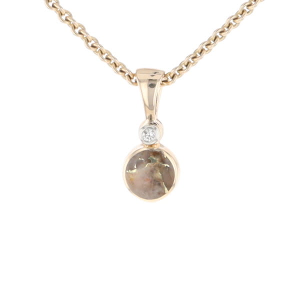 Gold Quartz Necklace Round Inlaid Pendant with .02ct Diamond