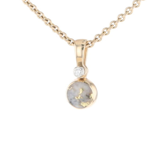 Gold Quartz Necklace Round Inlaid Pendant with .02ct Round Diamond