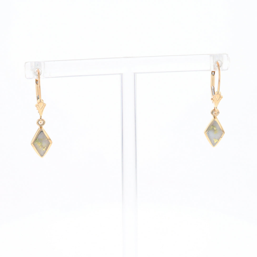 Gold Quartz Earrings Diamond Shape Inlaid Lever Backs G1